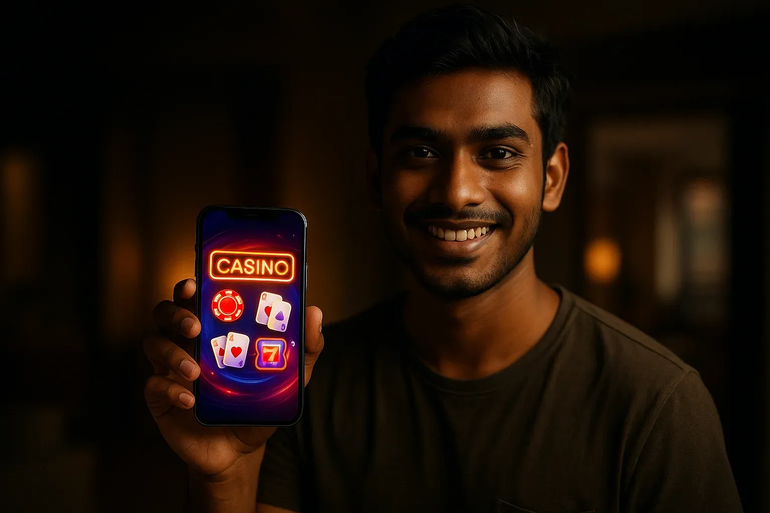 Young Bangladeshi man smiling, holding phone showing glowing casino app interface