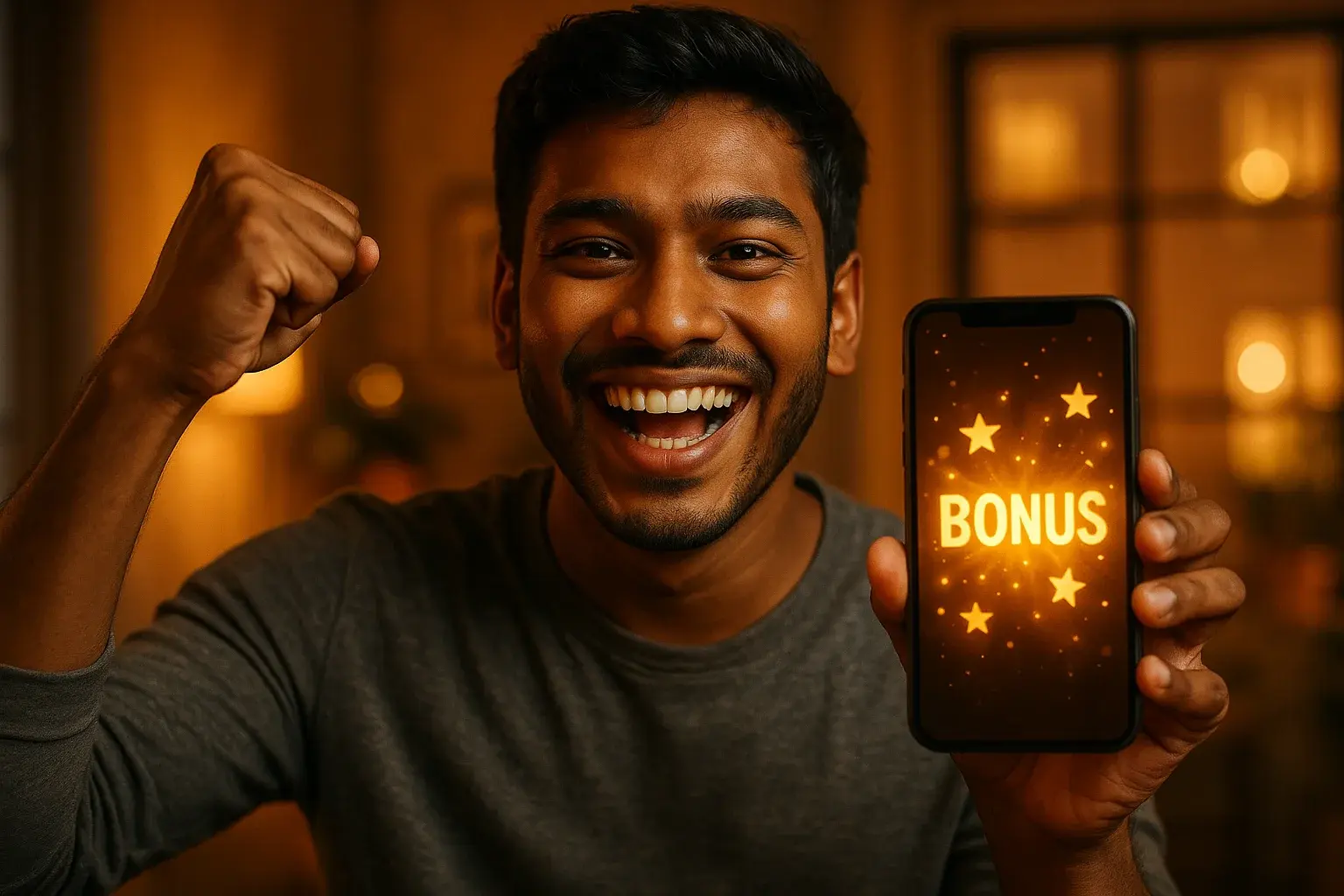 Joyful Bangladeshi man celebrating with smartphone showing glowing golden bonus notification