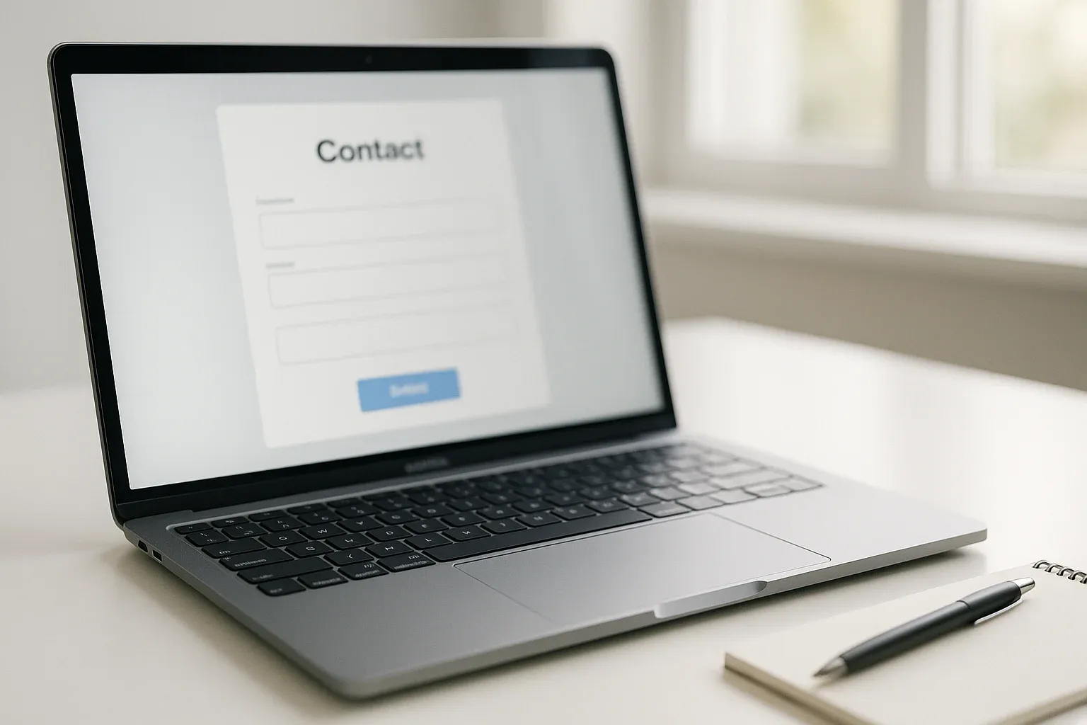Blurred contact form on laptop on white desk with pen and notepad