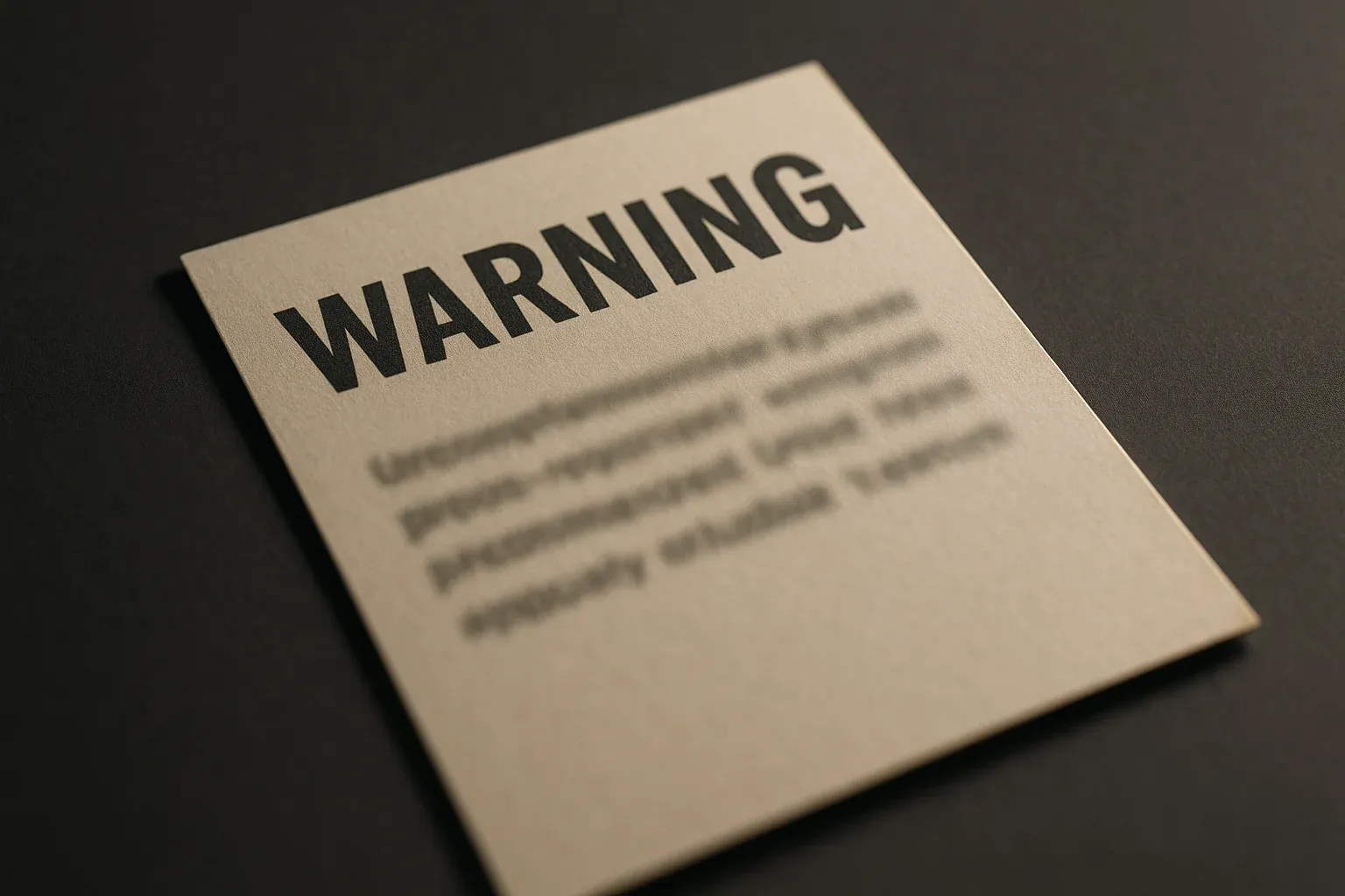 Cinematic photo of blurred warning notice on dark premium background