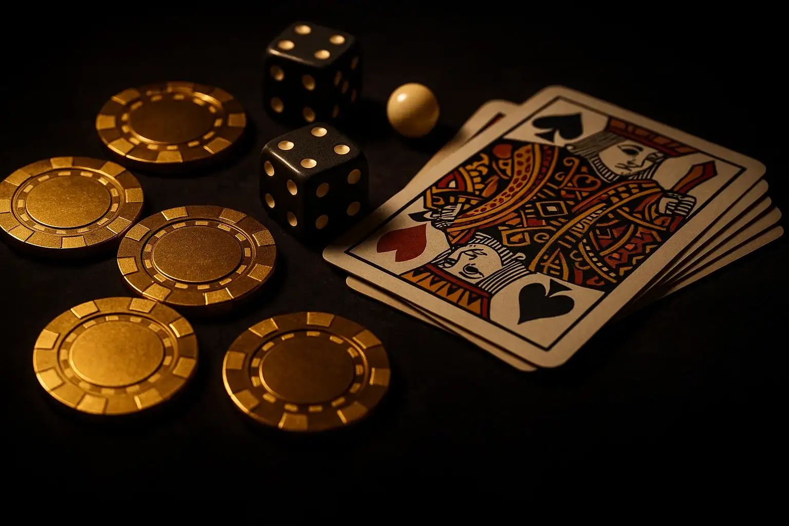 Top-down dark velvet flat-lay with gold chips, cards, dice, roulette ball