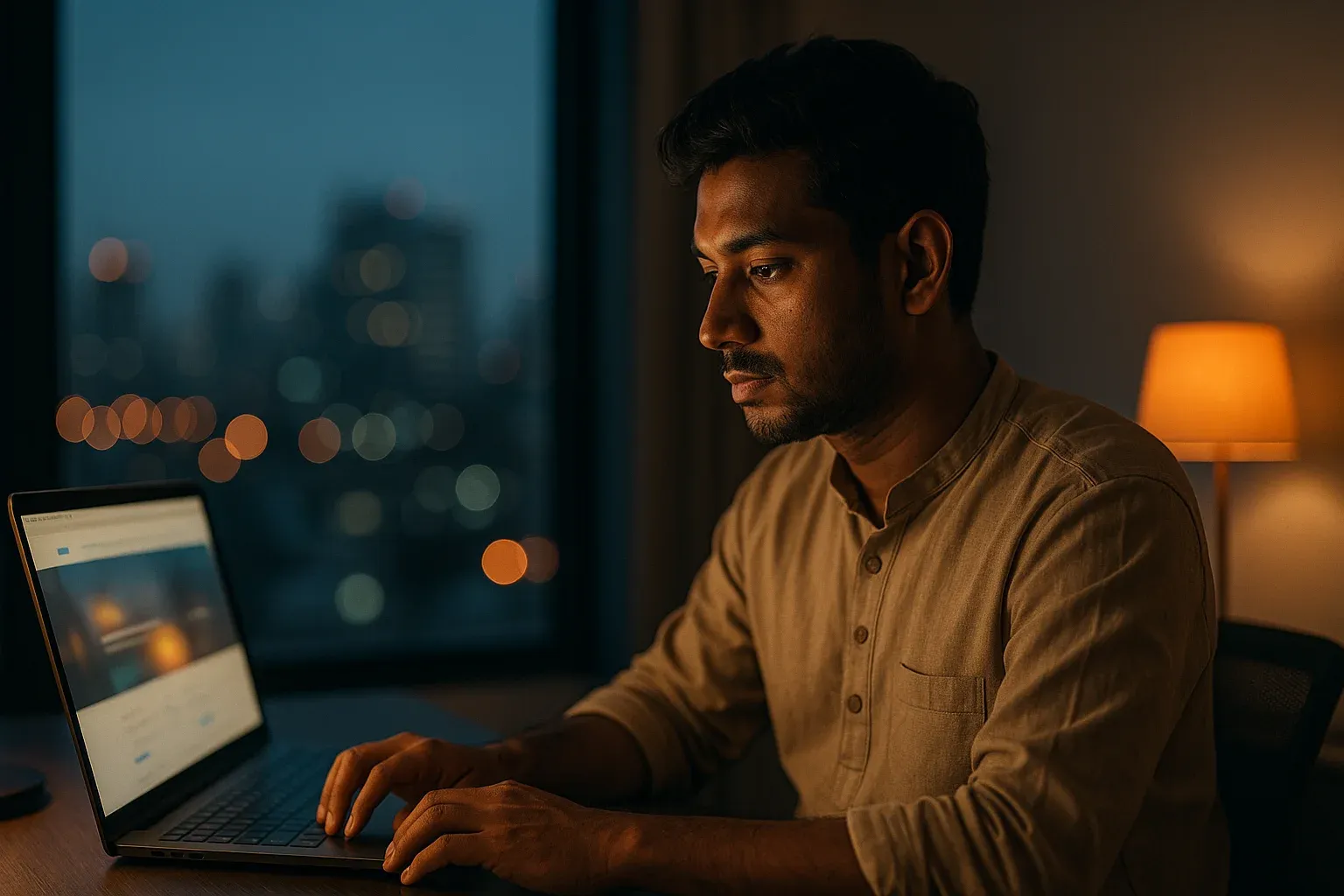Young Bangladeshi man working on laptop at desk with Dhaka lights