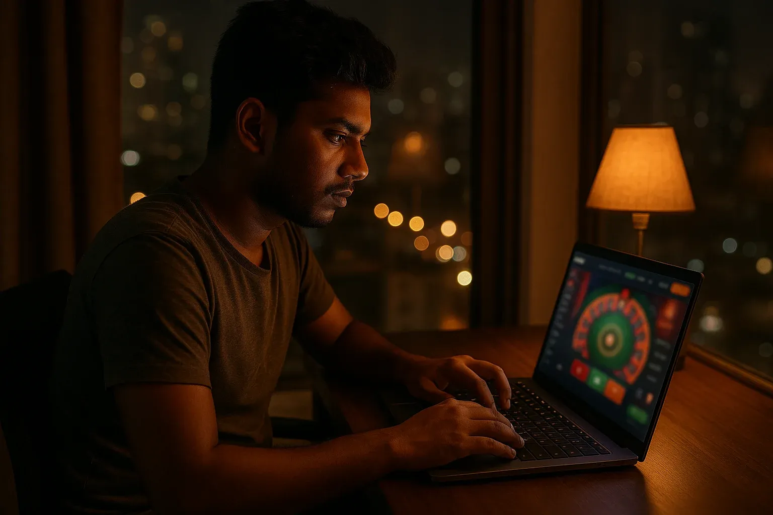 Young Bangladeshi man in Dhaka apartment using laptop with casino interface