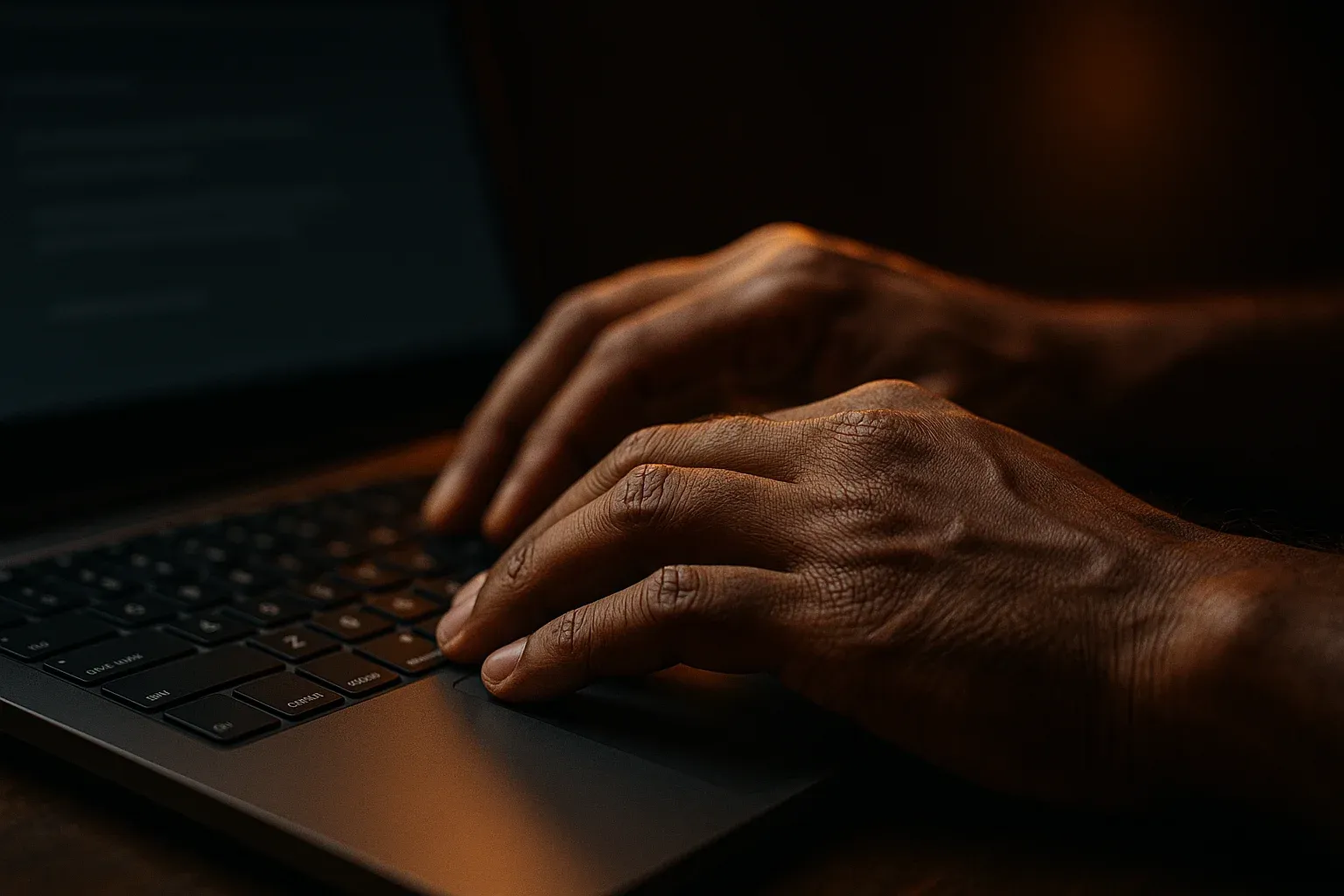 Bangladeshi man hands typing on laptop keyboard in dramatic lighting