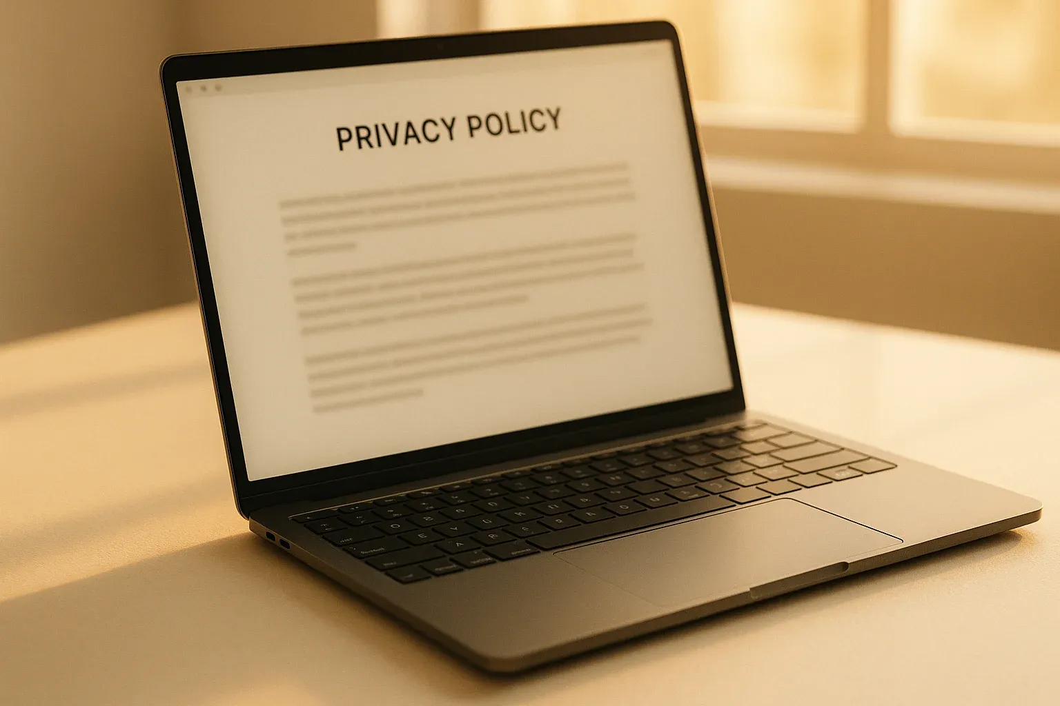Modern laptop displaying blurred privacy policy interface on minimalist white desk