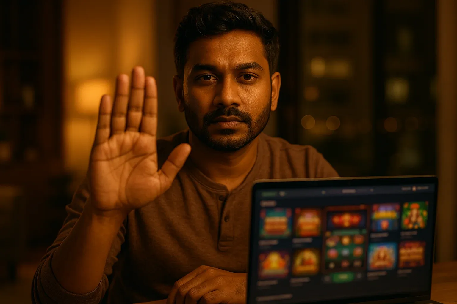 Confident Bangladeshi man shows stop gesture beside blurred online casino laptop