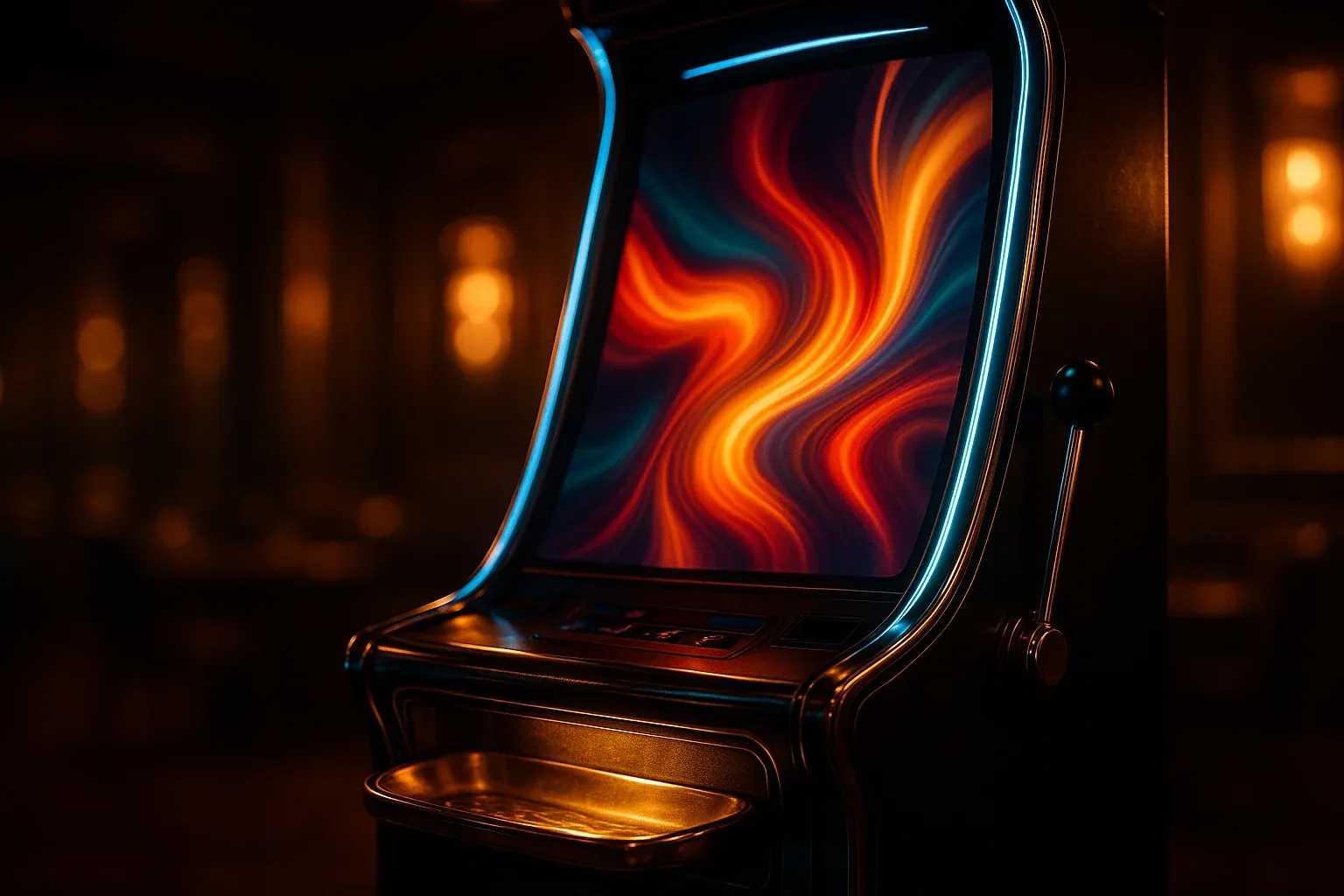 Hyperrealistic premium slot machine in dark luxury setting with neon lighting