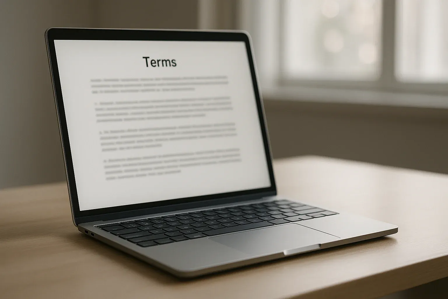 Laptop displaying blurred terms document on minimal desk in soft window light